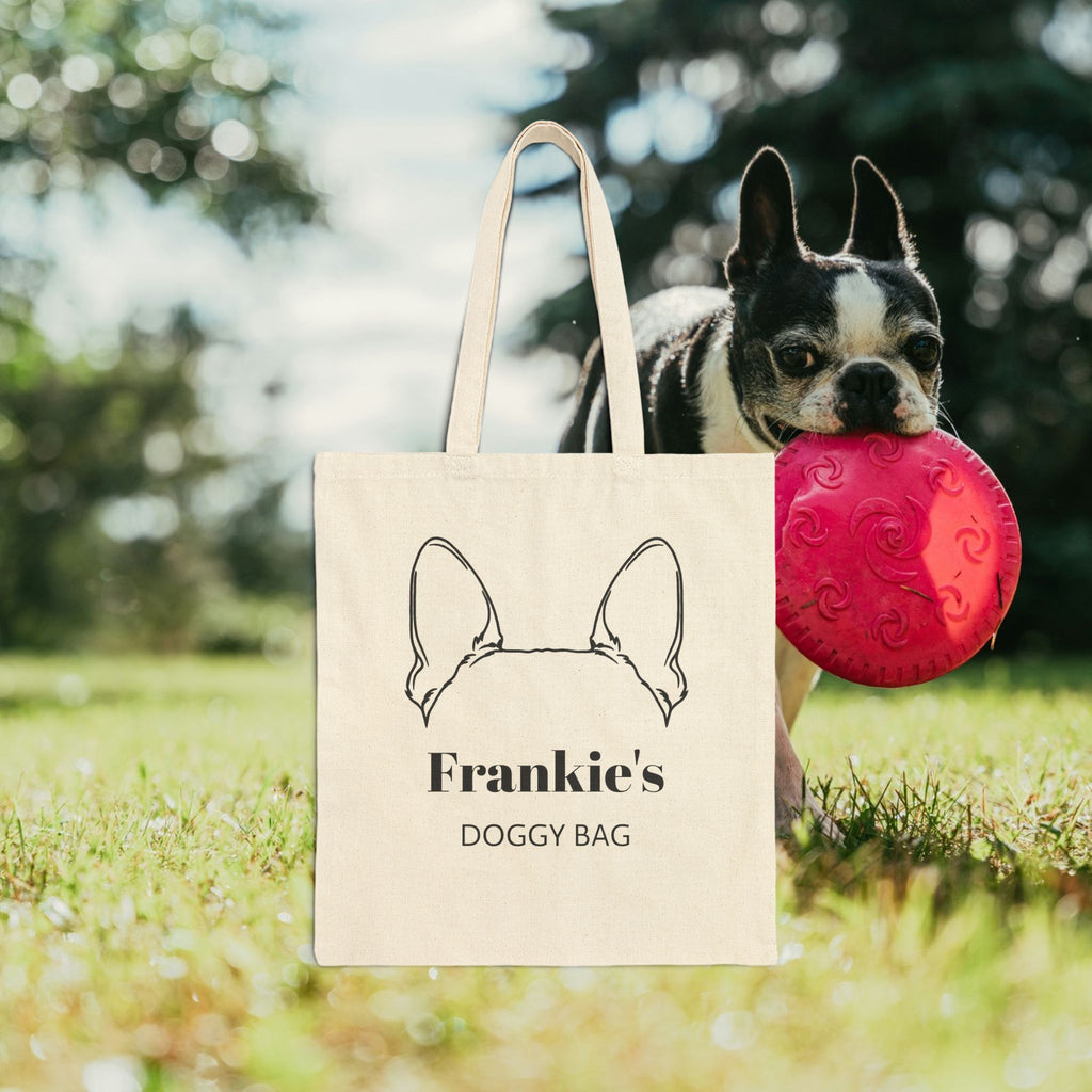 Custom Doggy Cotton Canvas Tote Bag With Boston Terrier Ears & Dog Name