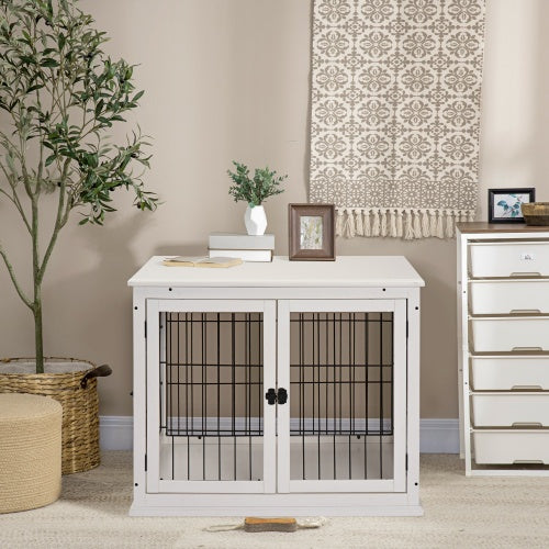 Furniture Dog Crate with Two Open Sides and Lockable Door - White and Black