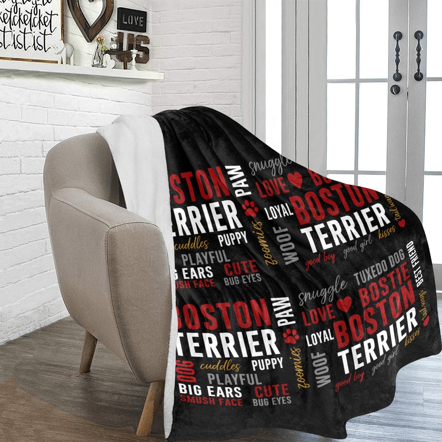 Boston Terrier Word Collage Ultra-Soft Micro Fleece Blanket – Dog Lover Typography Art .