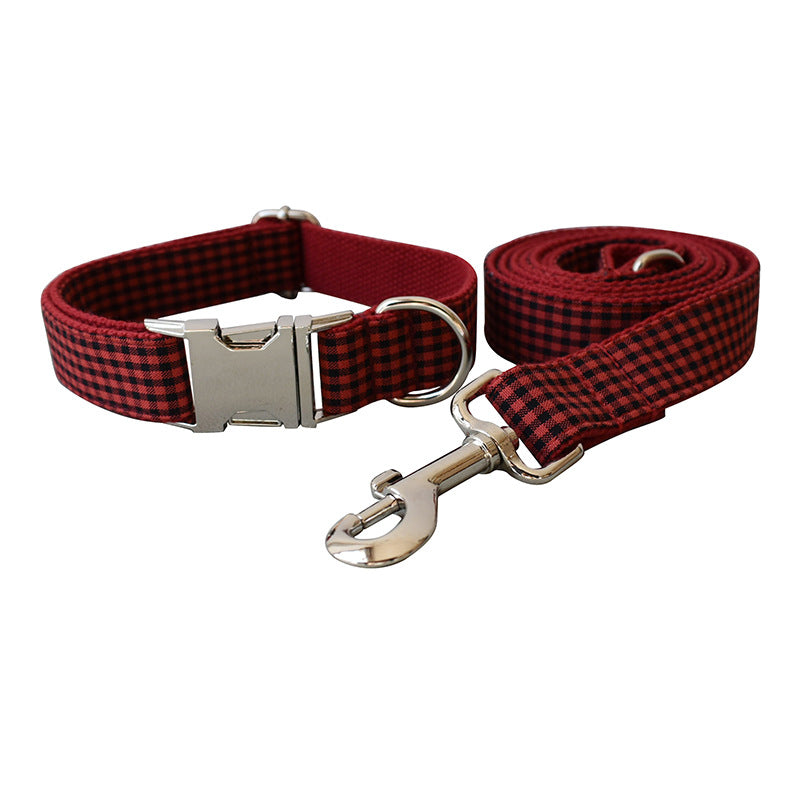 Red And Black Plaid Dog Collar With Bow Tie And Leash