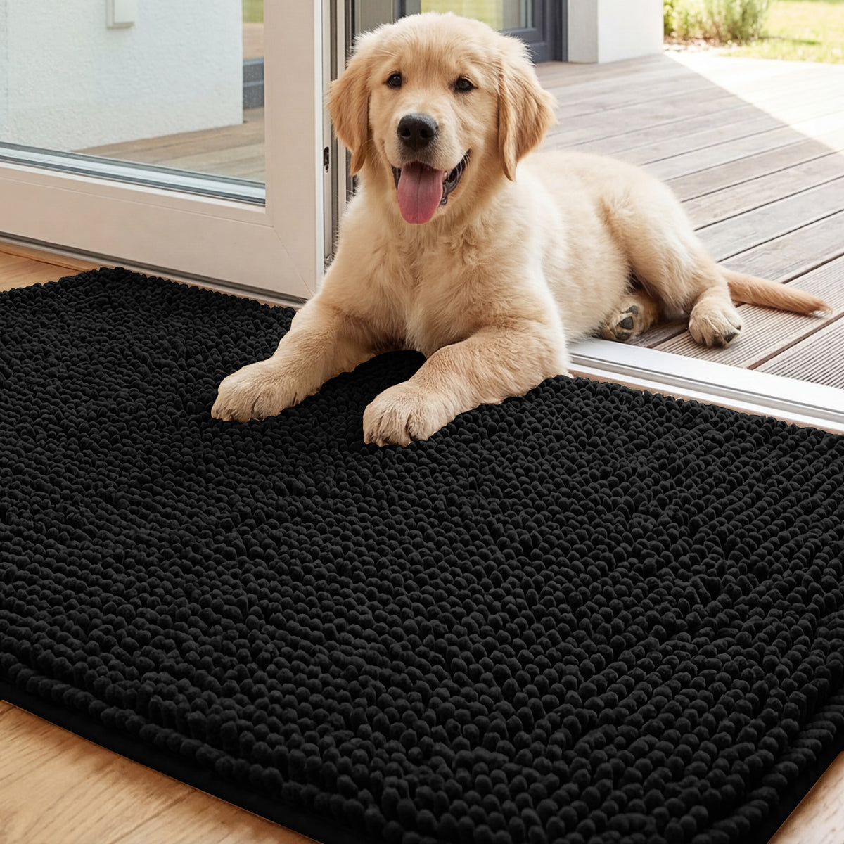 Chenille Non-Slip Absorbent Pet Mat – Soft Long-Pile Dog Floor Mat . Black