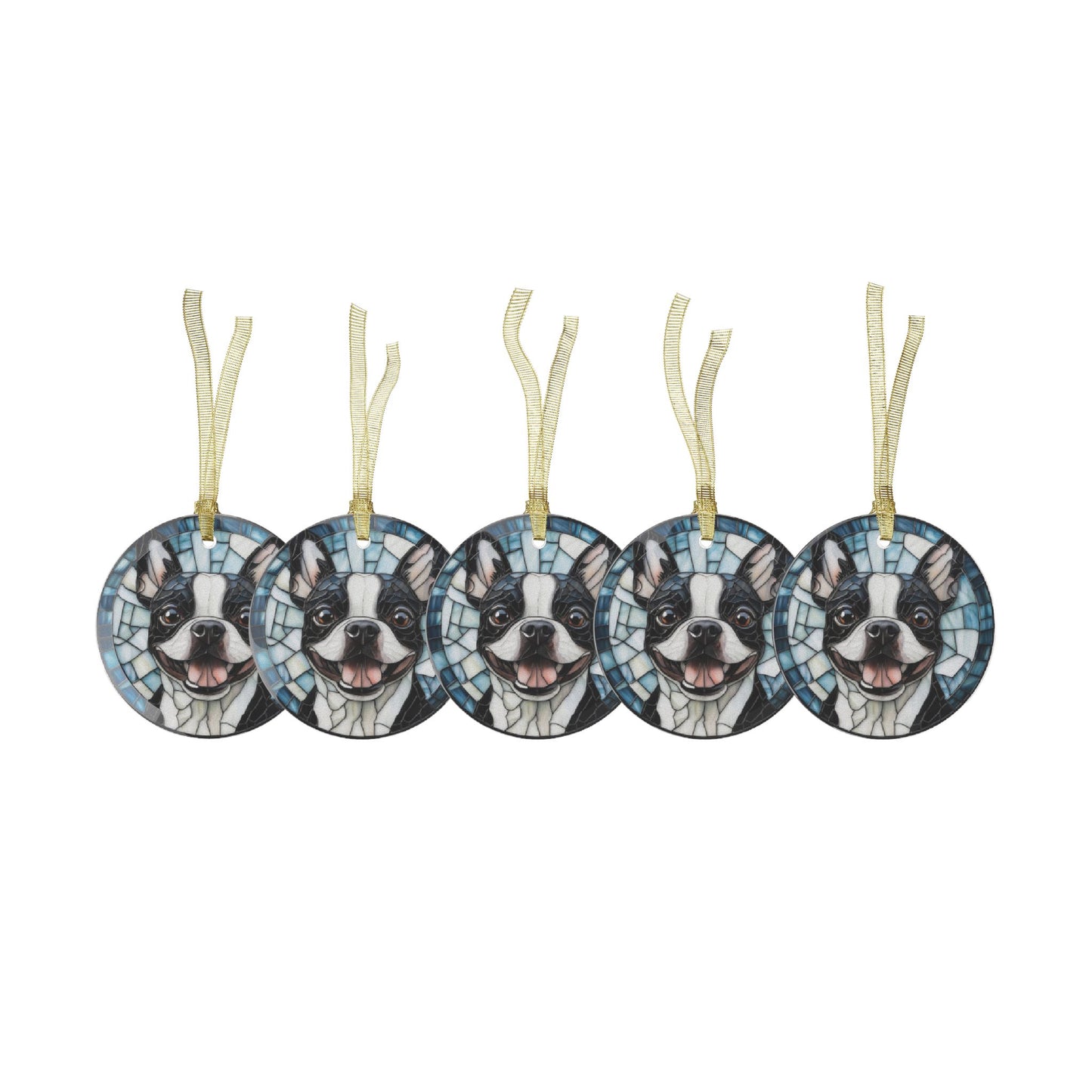 Colorful Geometric Boston Terrier Stained Glass Ornaments - Blue and Joyful