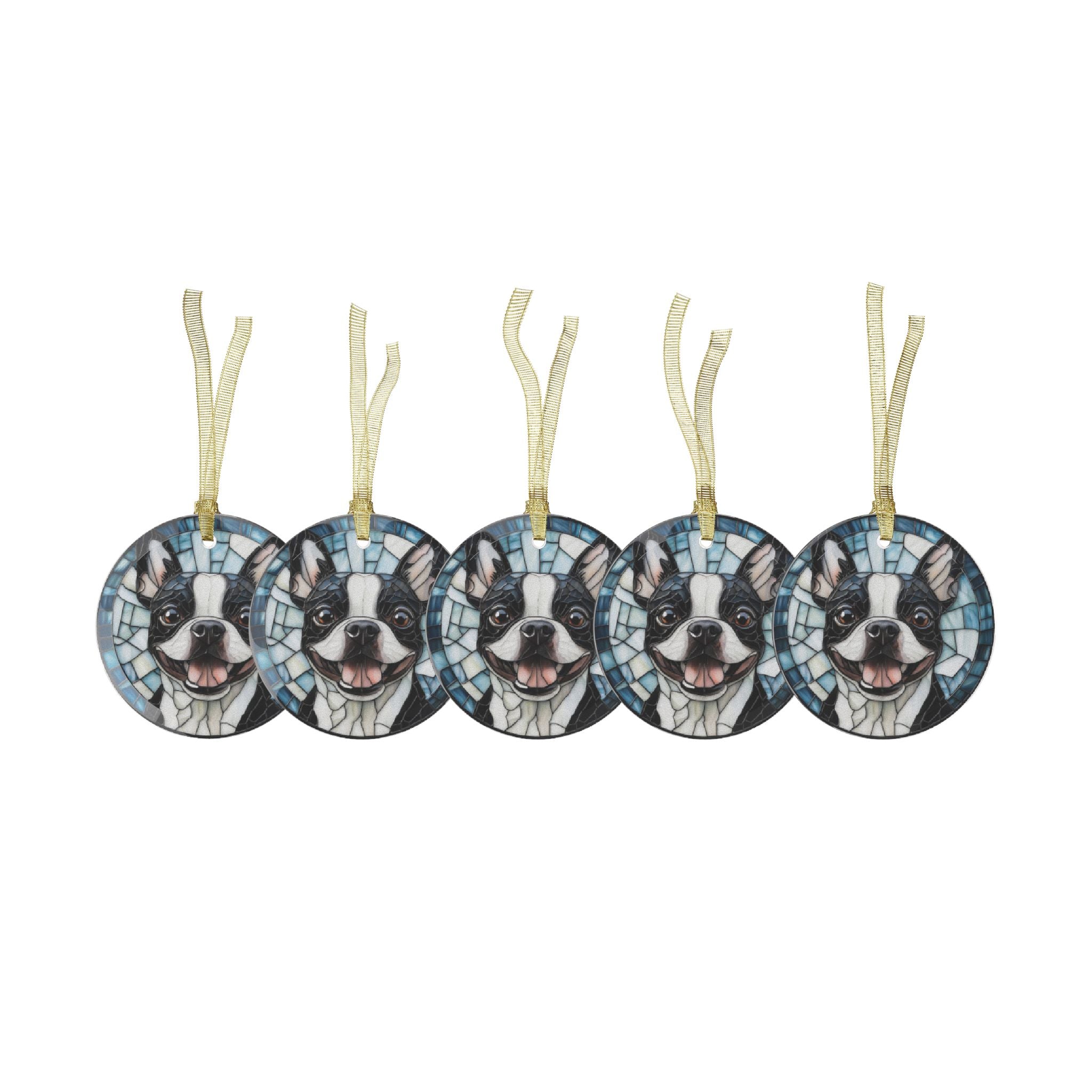 Colorful Geometric Boston Terrier Stained Glass Ornaments - Blue and Joyful