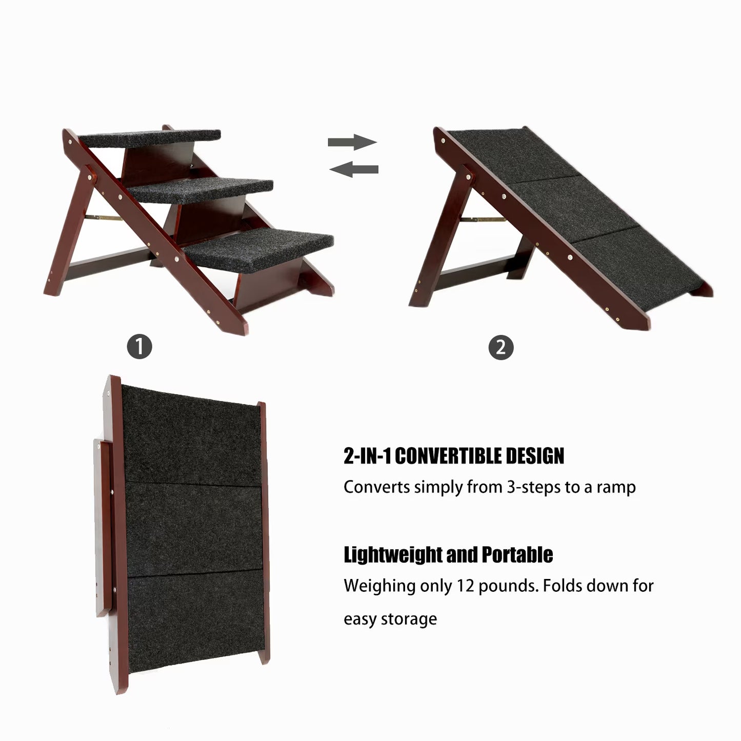 Wood Pet Stairs Foldable 3 Levels Dog Stairs & Ramp Perfect For Beds, Sofa And Cars - Brown