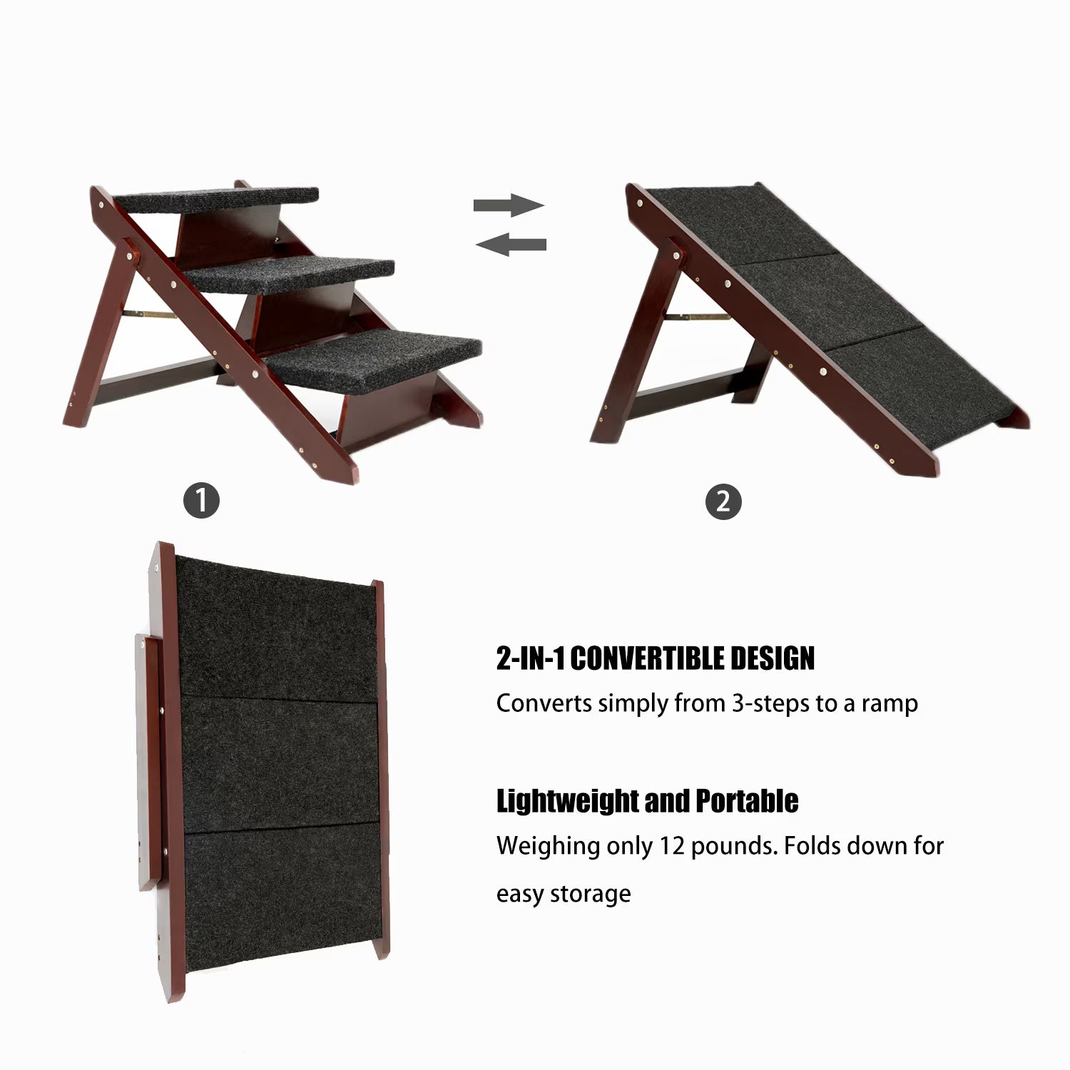 Wood Pet Stairs Foldable 3 Levels Dog Stairs & Ramp Perfect For Beds, Sofa And Cars - Brown