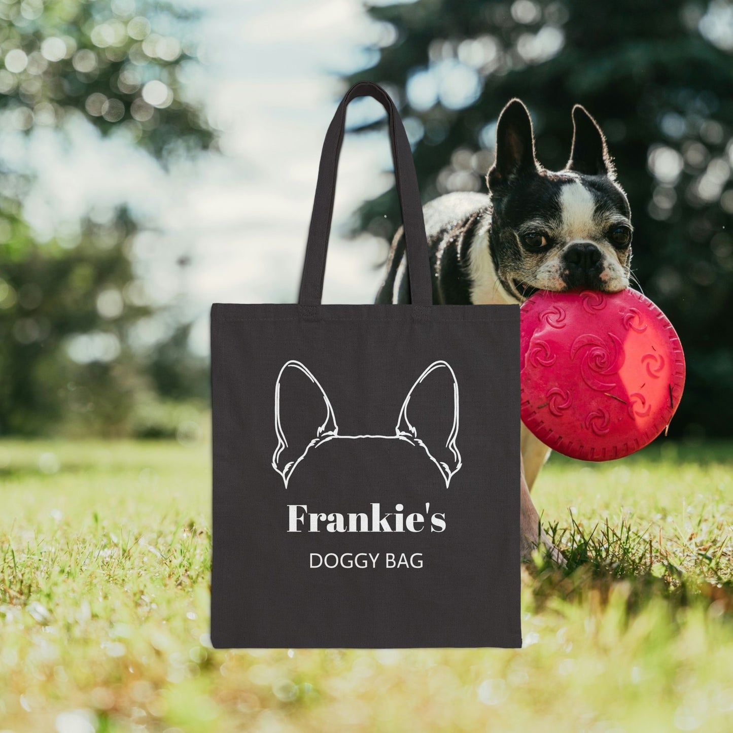 Custom Doggy Cotton Canvas Tote Bag With Boston Terrier Ears & Dog Name