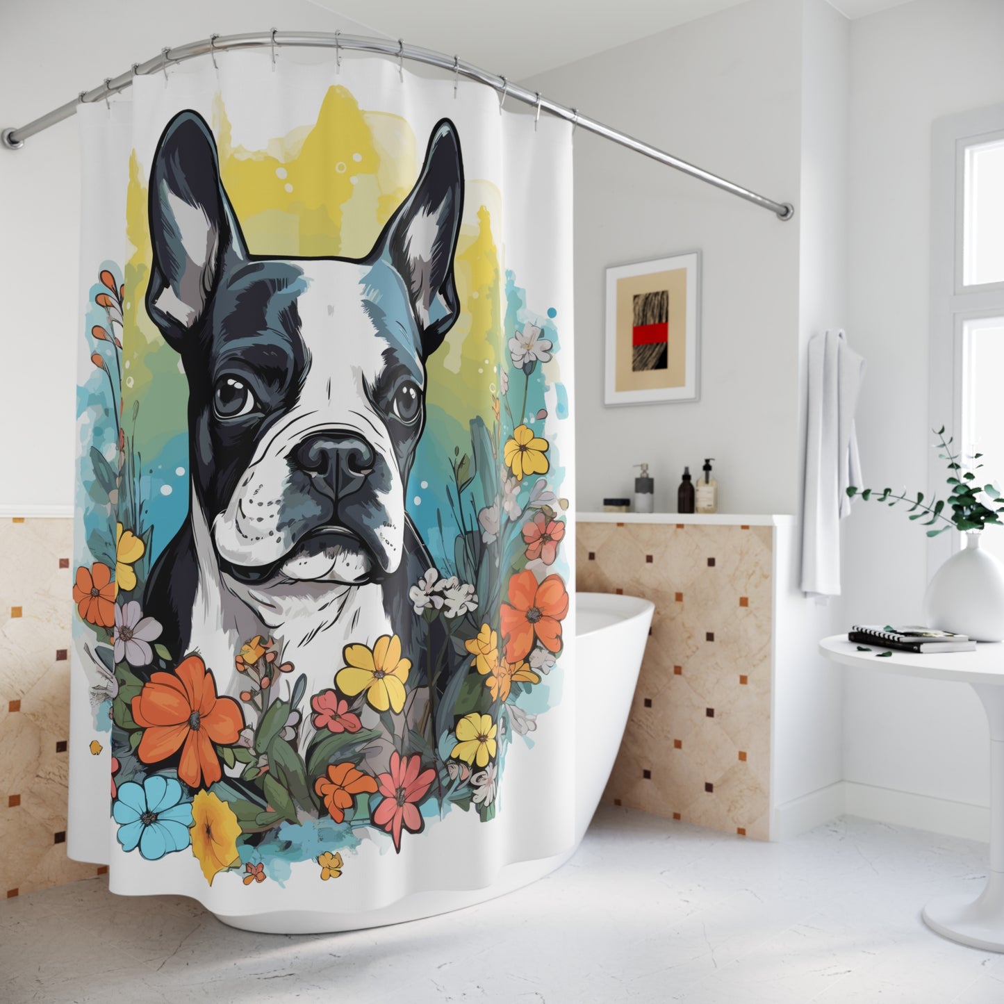 Boston Terrier Surrounded By Flowers Polyester Shower Curtain