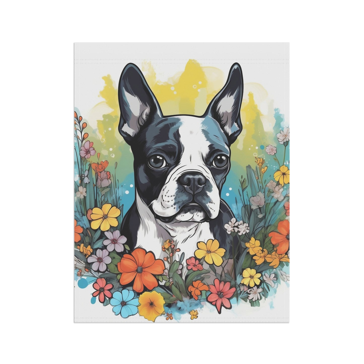 Boston Terrier Surrounded By Flowers Garden & House Banner