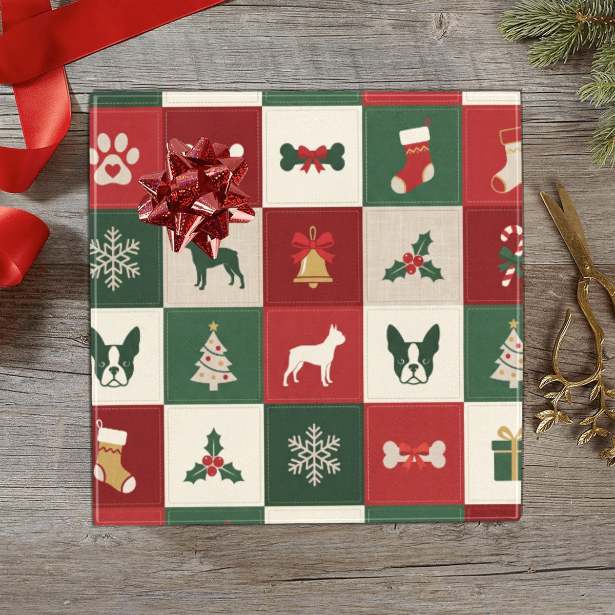 Boston Terrier Christmas Patchwork Gift Wrapping Paper 58"x 22.8" (1 Roll)