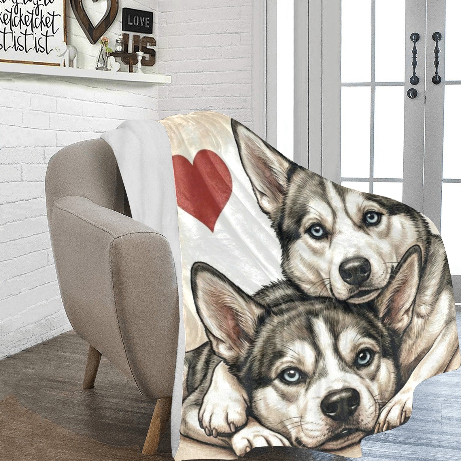Two Siberian Huskys Love Portrait Ultra-Soft Micro Fleece Blanket .
