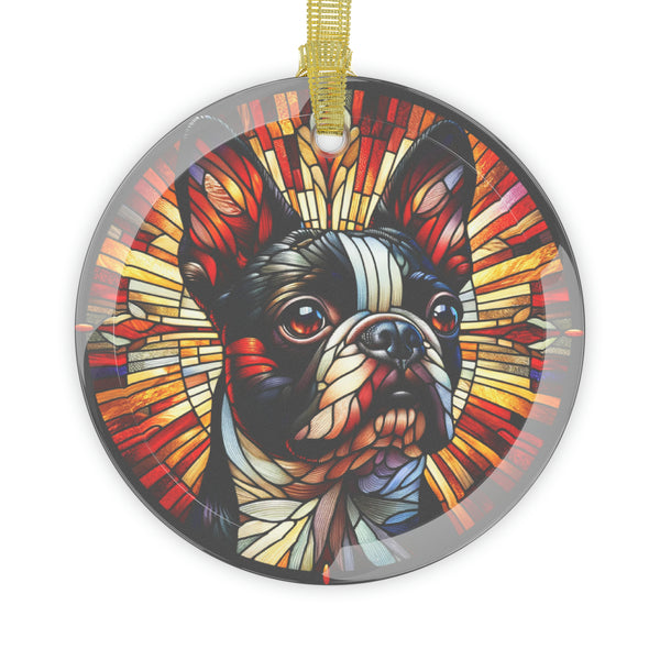 Colorful Geometric Boston Terrier Stained Glass Ornaments - Red and Warm