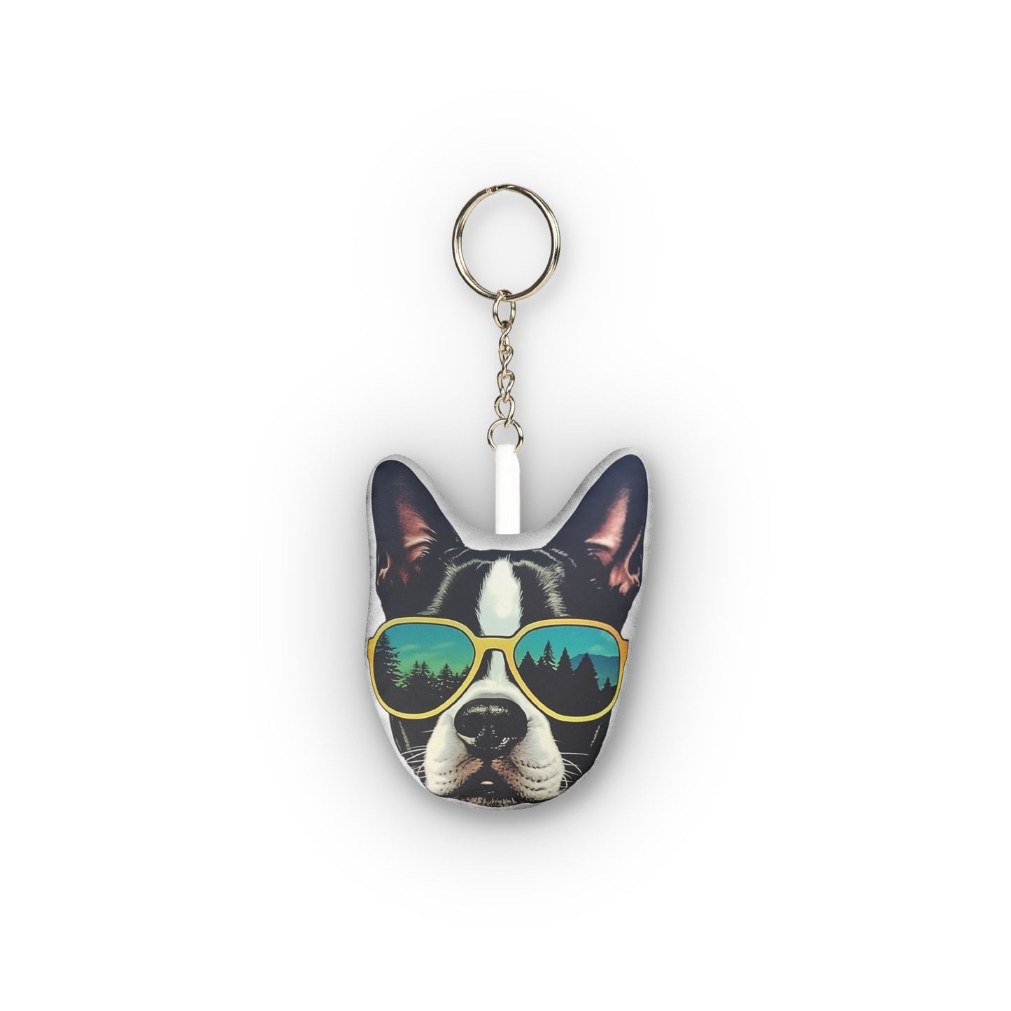 Into The Wild Boston Terrier Dog Face Mini Plush Keychain — Cool Sunglasses Forest .