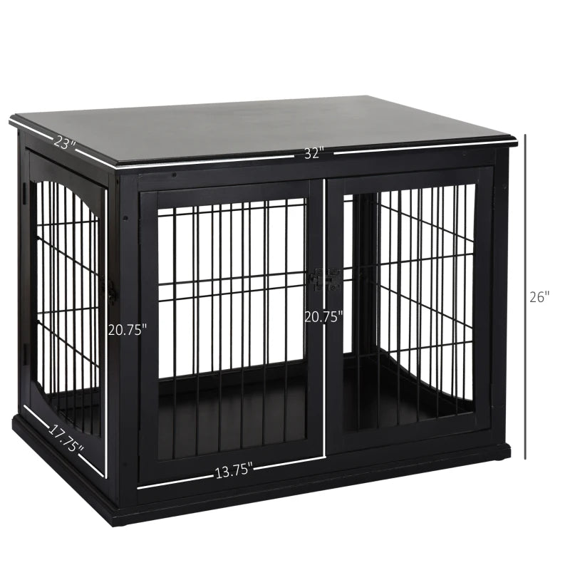 Dog Crate Furniture, 32 Inch Wide Small Medium Dog Cage, End Table With 2 Doors, Puppy Kennel, Black .