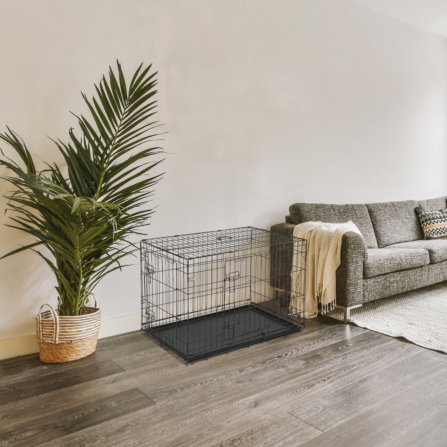 Metal Wire Foldable Dog Crate With Divider Plastic Tray - 42 Inches - Black