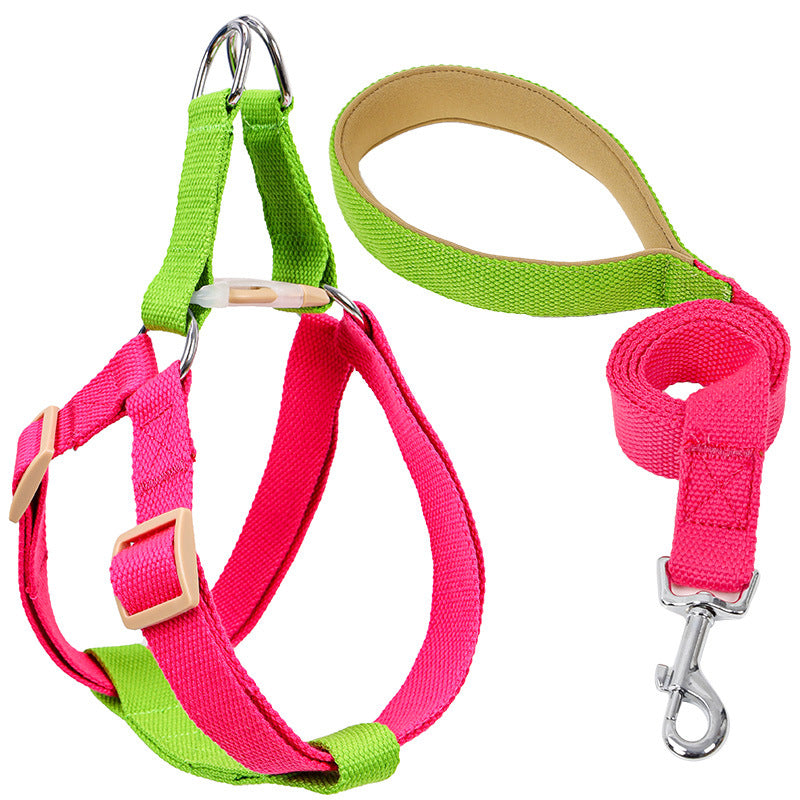 Colored Strap Step-In Dog Harness With Leash Set . Pink Green