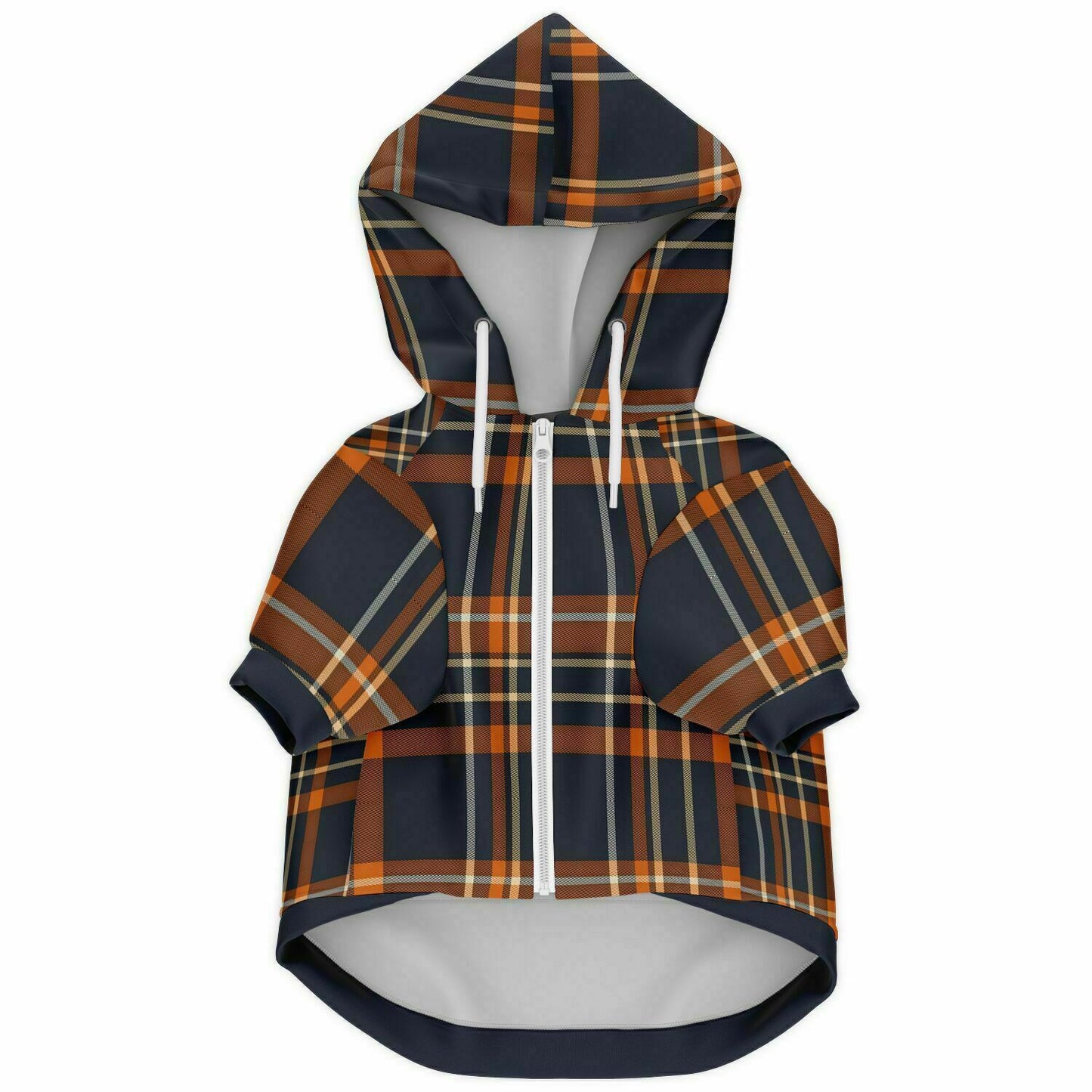 Dog Zip-Up Hoodie - Navy White Orange Plaid
