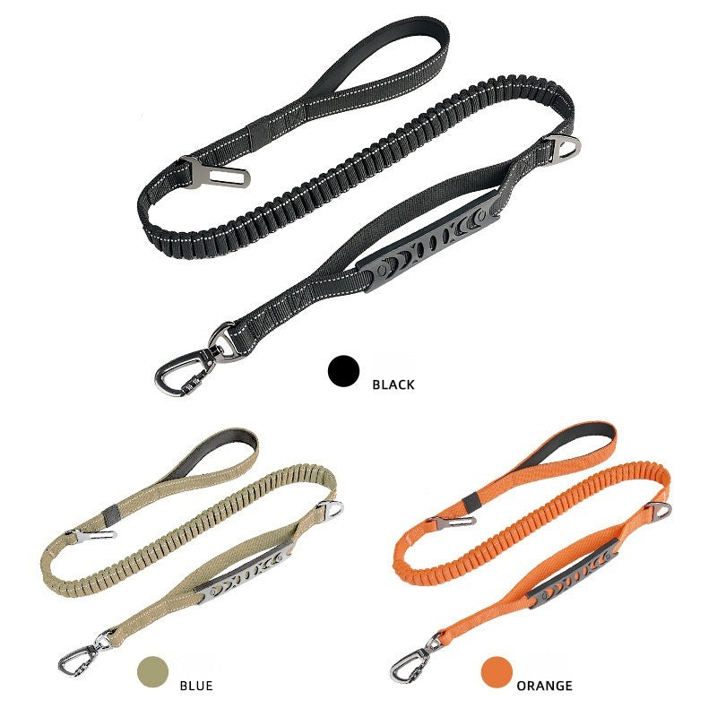 Reflective Dog Leash With Elastic Bungee Buffer And Seat Belt Buckle Clip