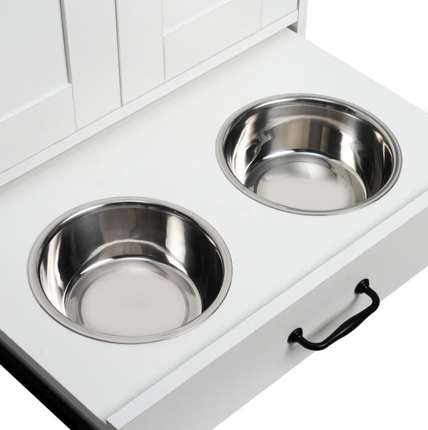 Dog Food Storage Cabinet With Hidden Dog Bowls, Adjustable Panel, Hooks, For Medium Sized Dogs, White