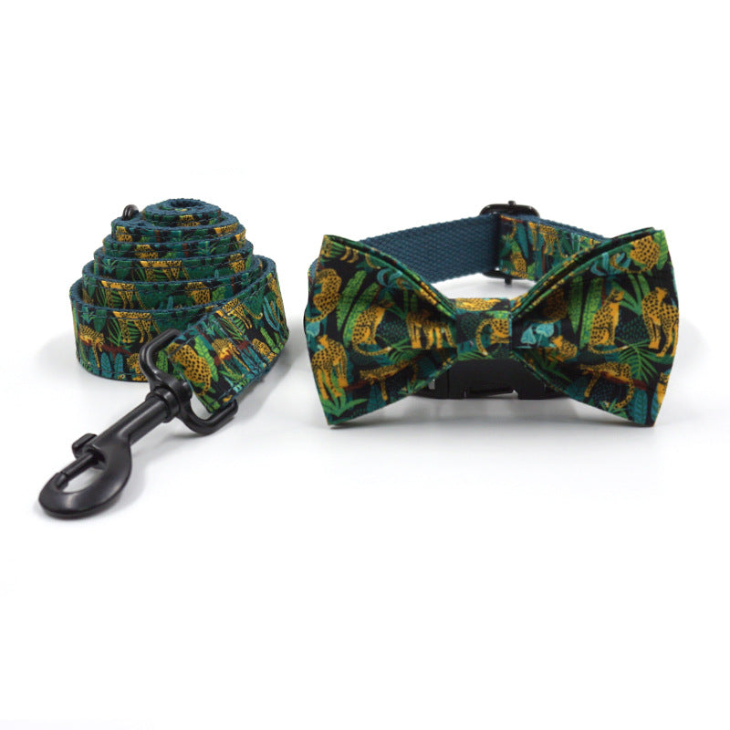 Jungle Leopards Dog Collar With Bow Tie And Leash