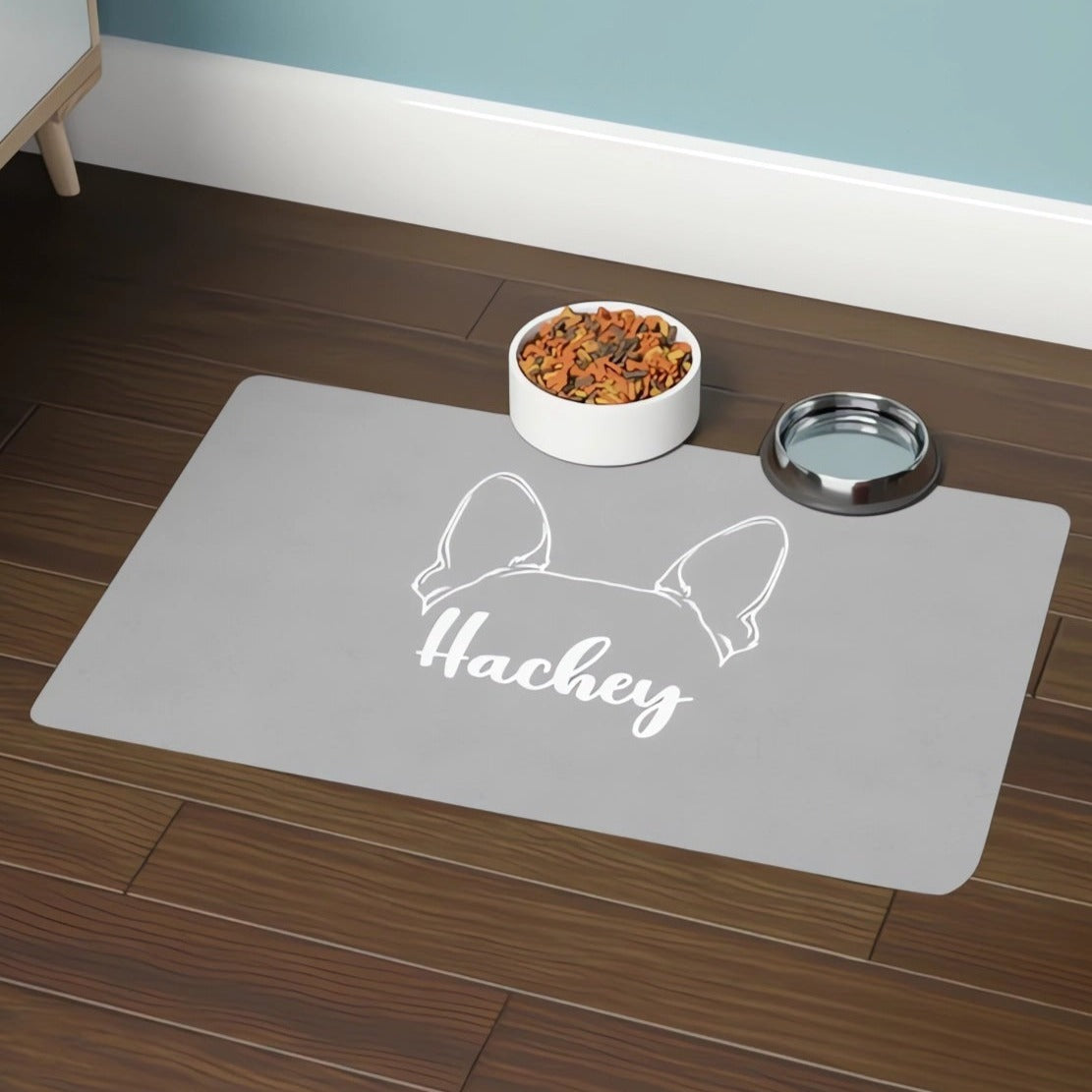 Personalized Dog Food Mat - Ears With Boston Terrier Name Pet Feeding Mat (12x18)