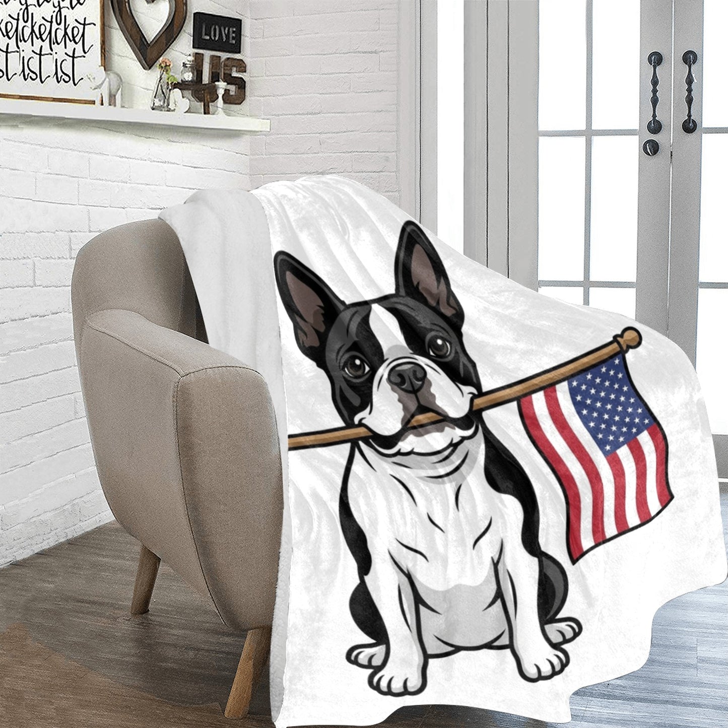 American Flag Boston Terrier Dog Ultra-Soft Micro Fleece Blanket .