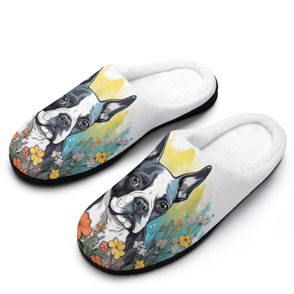 Boston Terrier Surrounded By Flowers Men's Cotton Slippers