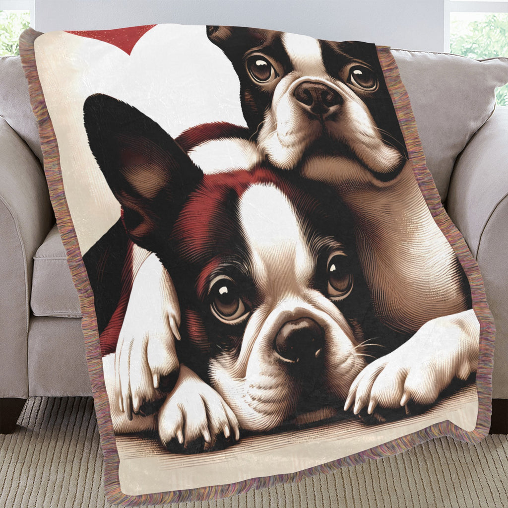 Two Boston Terriers Love Portrait Ultra-Soft Fringe Woven Blanket 60"x80"