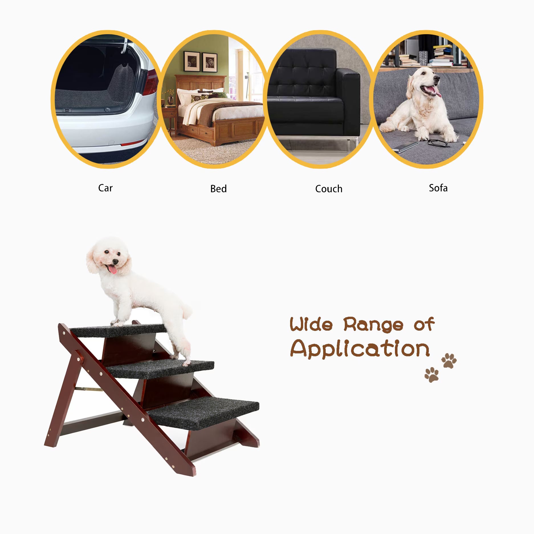 Wood Pet Stairs Foldable 3 Levels Dog Stairs & Ramp Perfect For Beds, Sofa And Cars - Brown