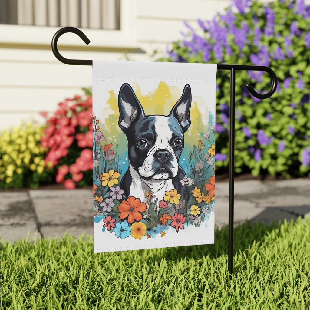 Boston Terrier Surrounded By Flowers Garden & House Banner