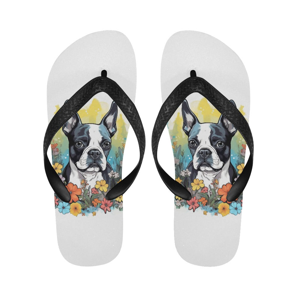Boston Terrier Surrounded By Flowers Flip Flops (For both Men and Women)