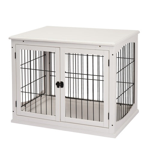 Furniture Dog Crate with Two Open Sides and Lockable Door - White and Black