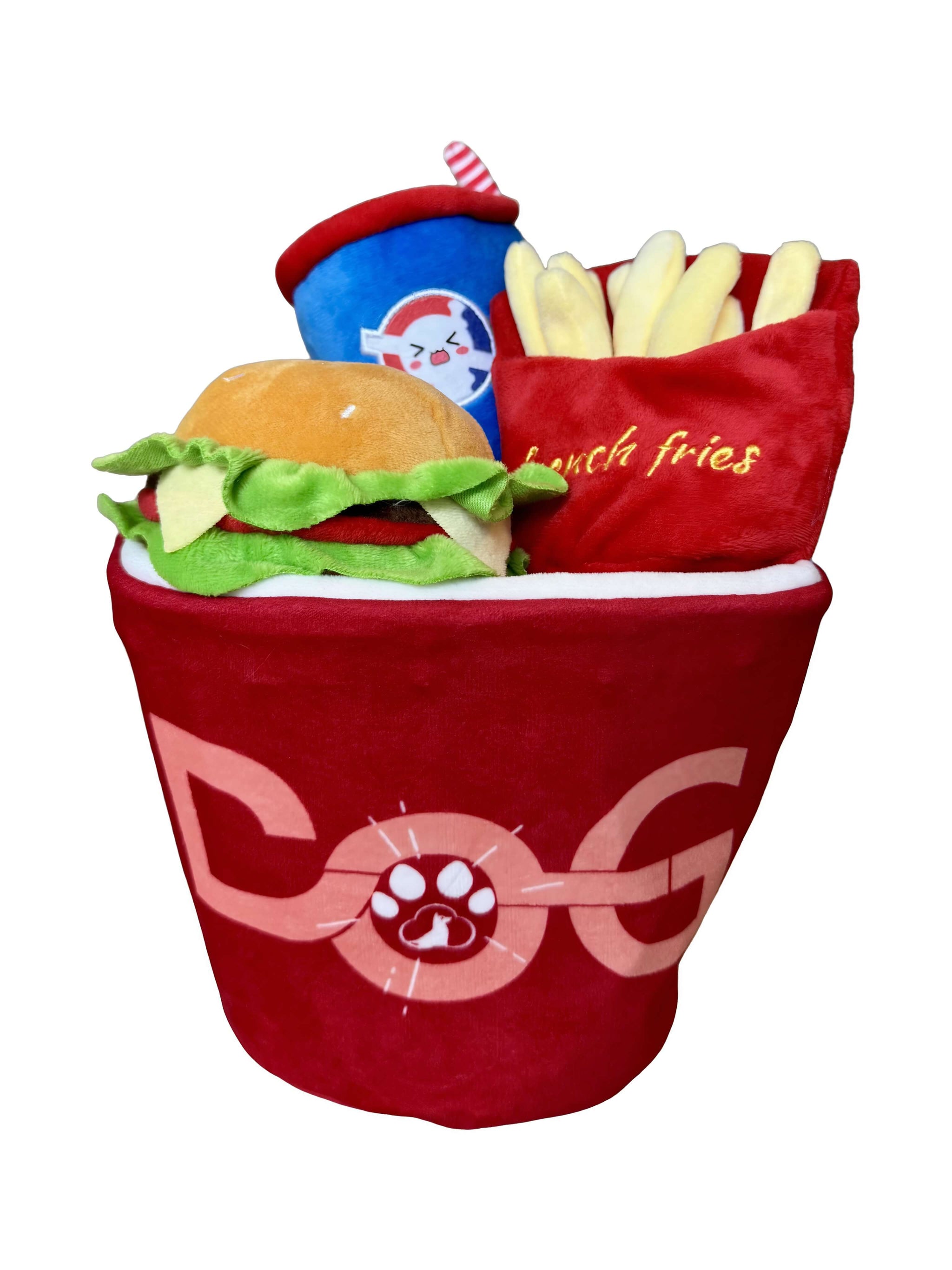 4-in-1 Fast Food Bucket Dog Toy Set, Squeaky Plush Bucket, Fries, Soda & Burger