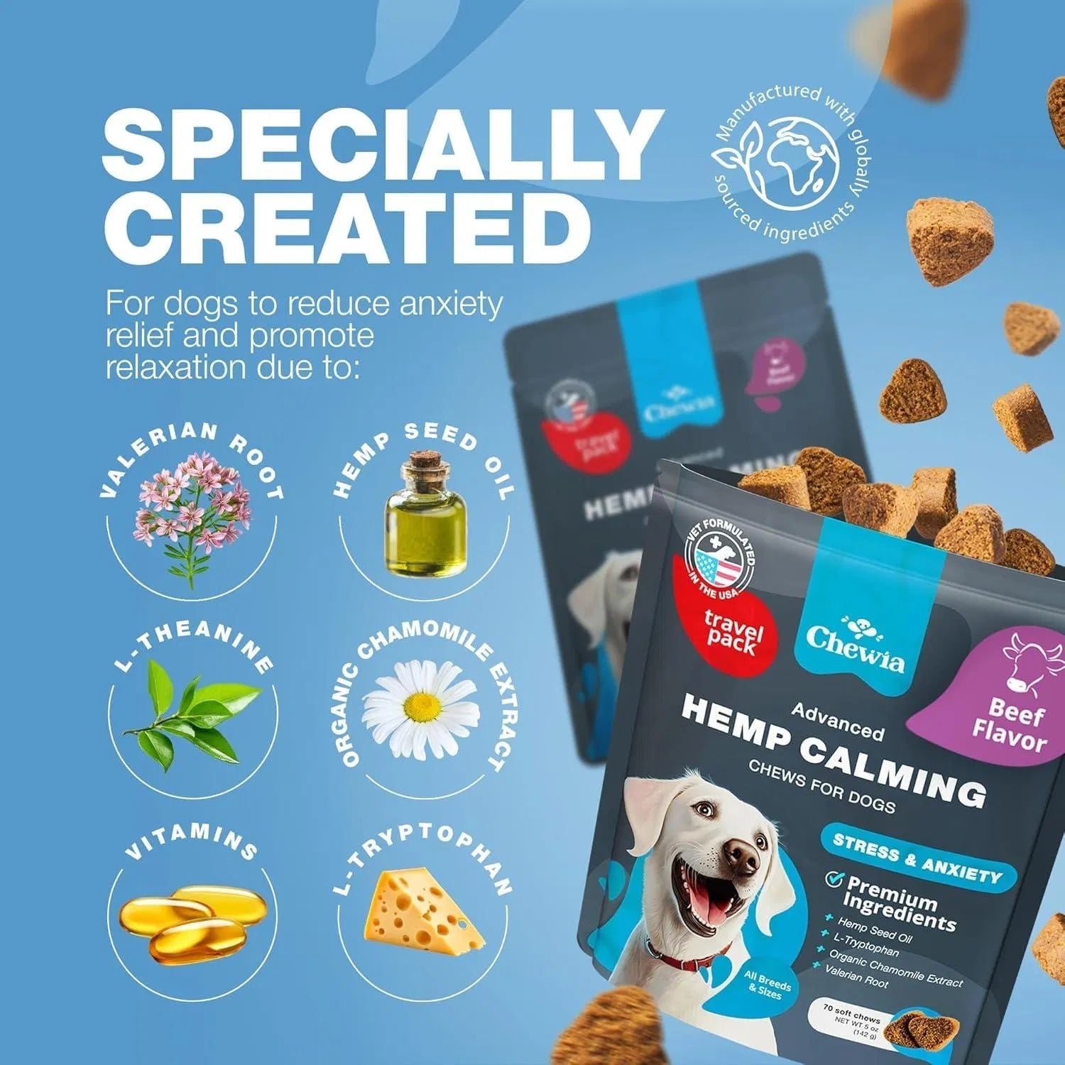 Hemp Calming Chews For Dogs Anxiety Relief Calming Treats With Melatonin Chamomile Extract Valerian Root