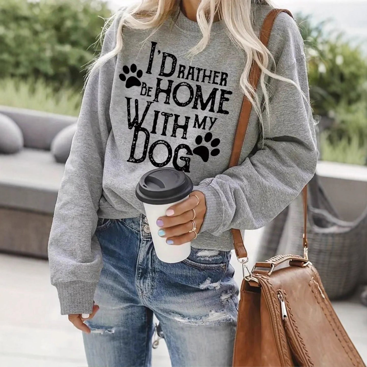 I'd Rather Be Home With My Dog Sweatshirt with Dog Paw Prints . Gray