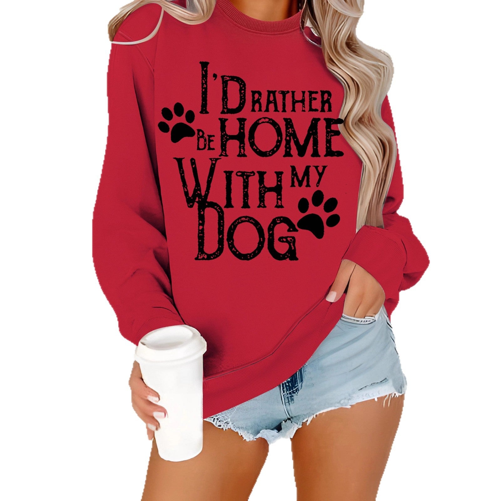 I'd Rather Be Home With My Dog Sweatshirt with Dog Paw Prints . Red