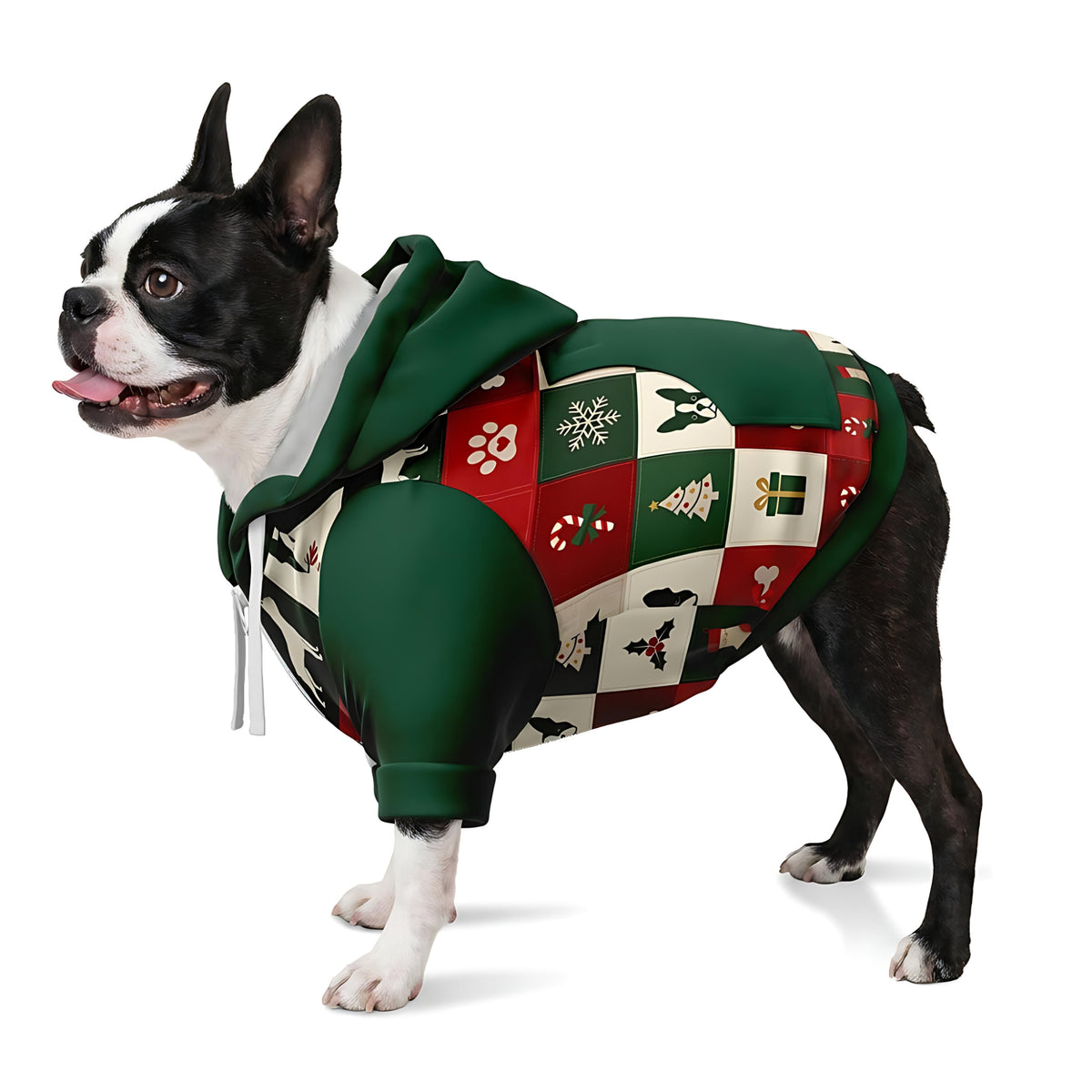 Dog Zip-Up Hoodie - Boston Terrier Christmas Patchwork