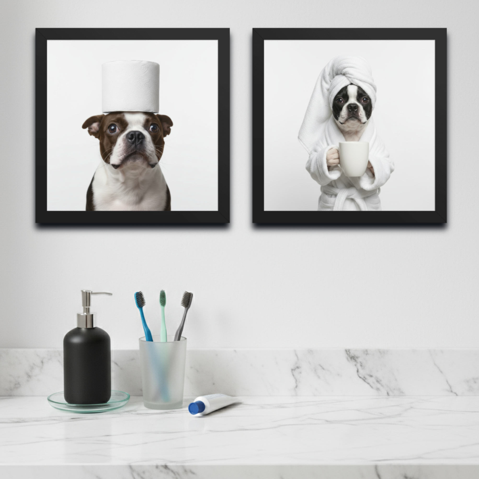 Two framed pictures of dogs in a bathroom setting with toiletries.