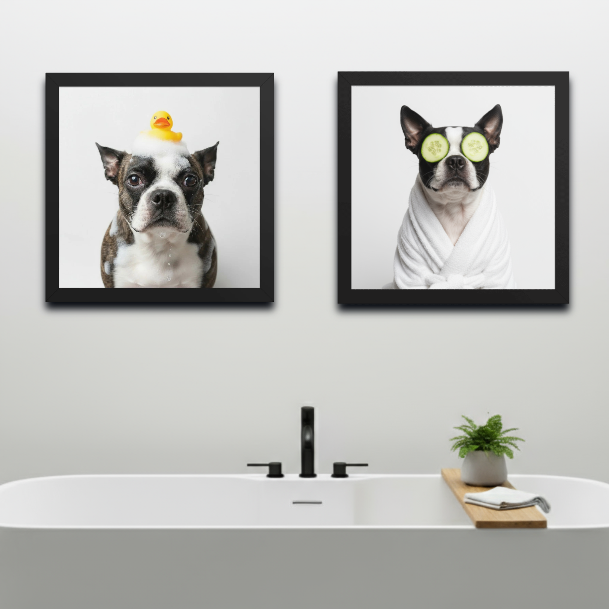 Two framed pictures of dogs in a bathroom setting with a bathtub and plant.