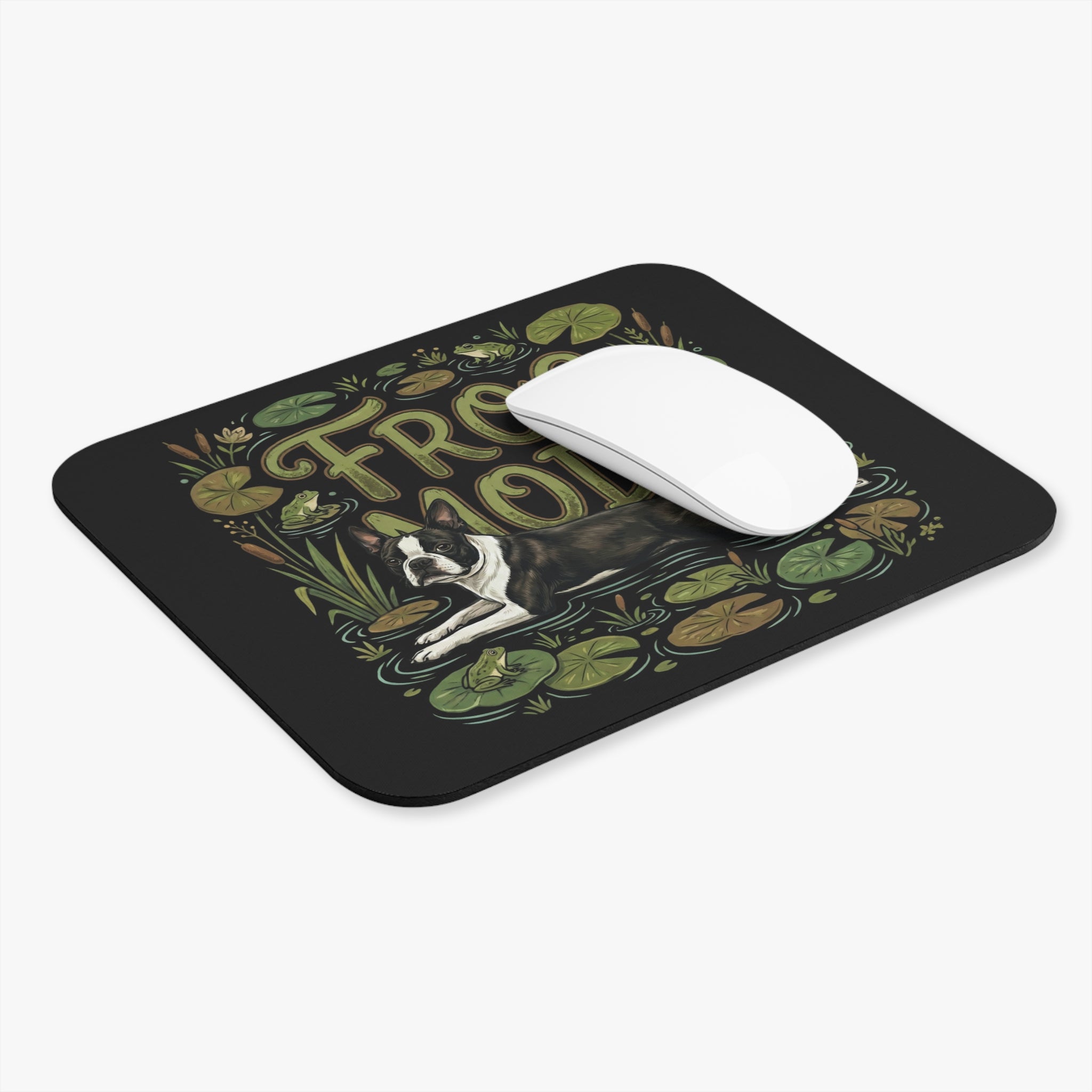 Frog Mode Boston Terrier Dog Desk Mat (Lily Pad Garden, Cute Pet Gamer Gift) .