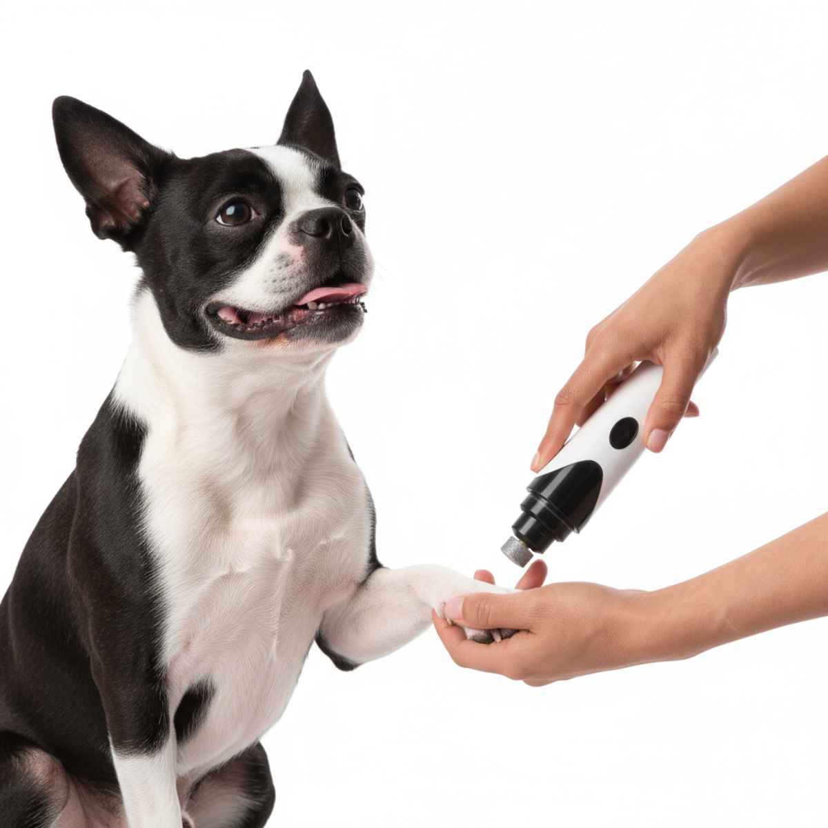 A Boston Terrier dog having his nails grinded by a women