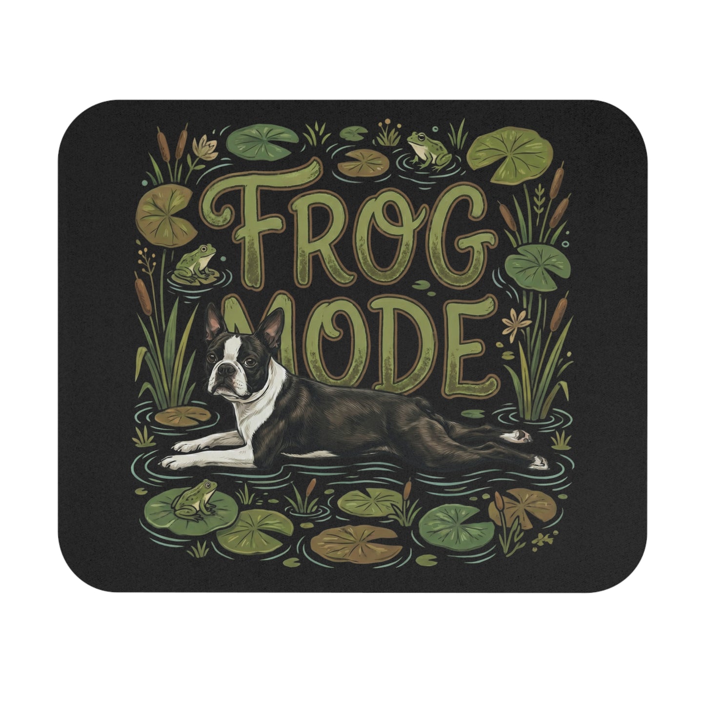 Frog Mode Boston Terrier Dog Desk Mat (Lily Pad Garden, Cute Pet Gamer Gift) .