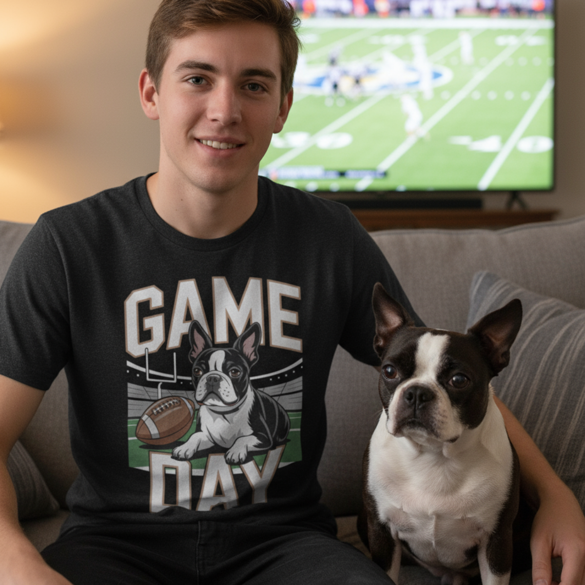 Person wearing a 'Game Day' t-shirt with a dog graphic, sitting on a couch with a dog, and a TV displaying a football game in the background.