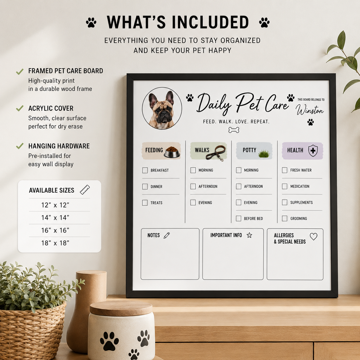 Personalized Pet Care Tracker Board | What's Included