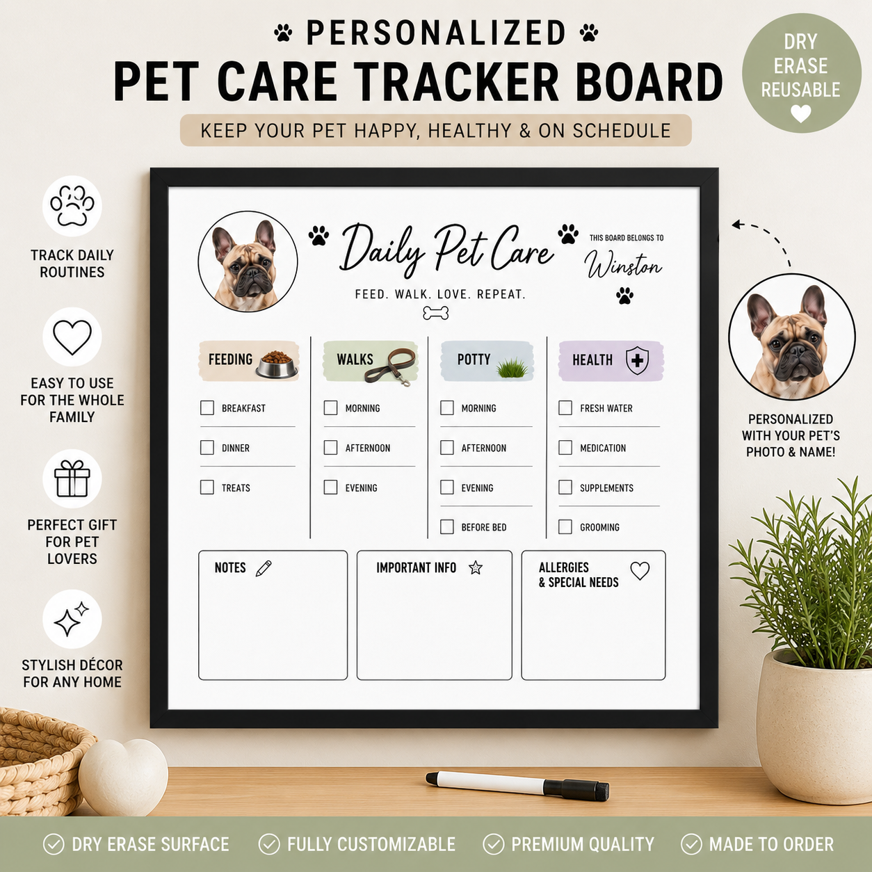 Personalized Pet Care Tracker Board | Dry Erase Dog Feeding & Walk Schedule | Custom Pet Routine Planner | Pet Care Organizer