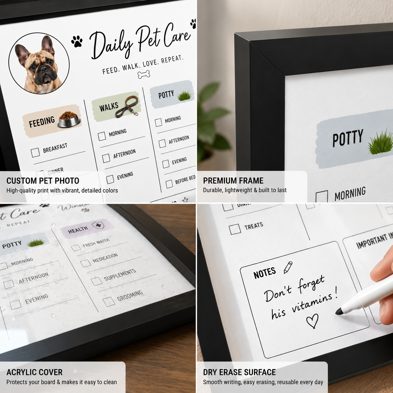 Personalized Pet Care Tracker Board | Dry Erase Dog Feeding & Walk Schedule | Custom Pet Routine Planner | Pet Care Organizer