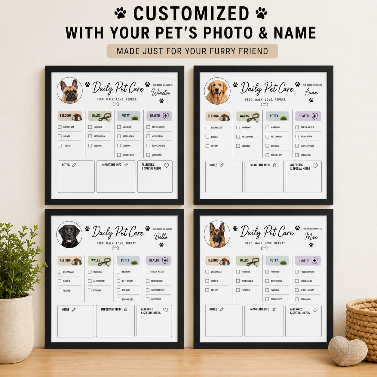 Personalized Pet Care Tracker Board | Dry Erase Dog Feeding & Walk Schedule | Custom Pet Routine Planner | Pet Care Organizer