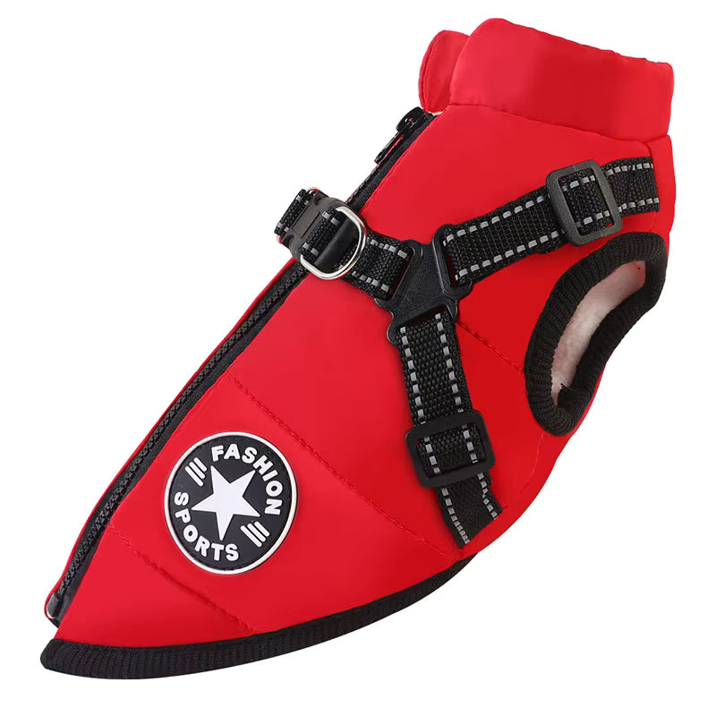Winter Dog Coat with Harness Integrated . Red