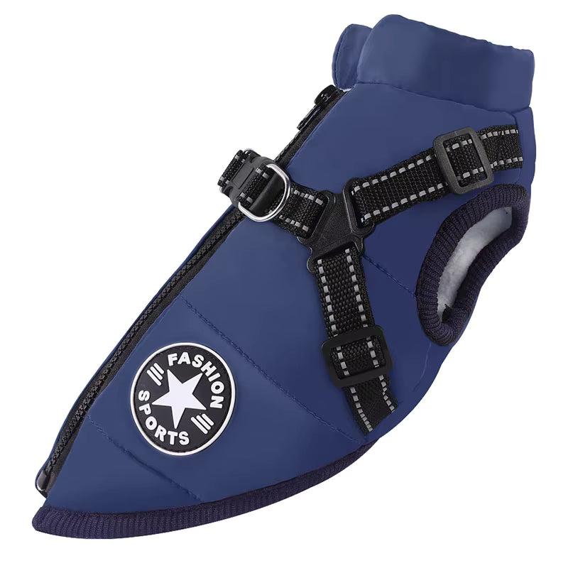 Winter Dog Coat with Harness Integrated . Blue