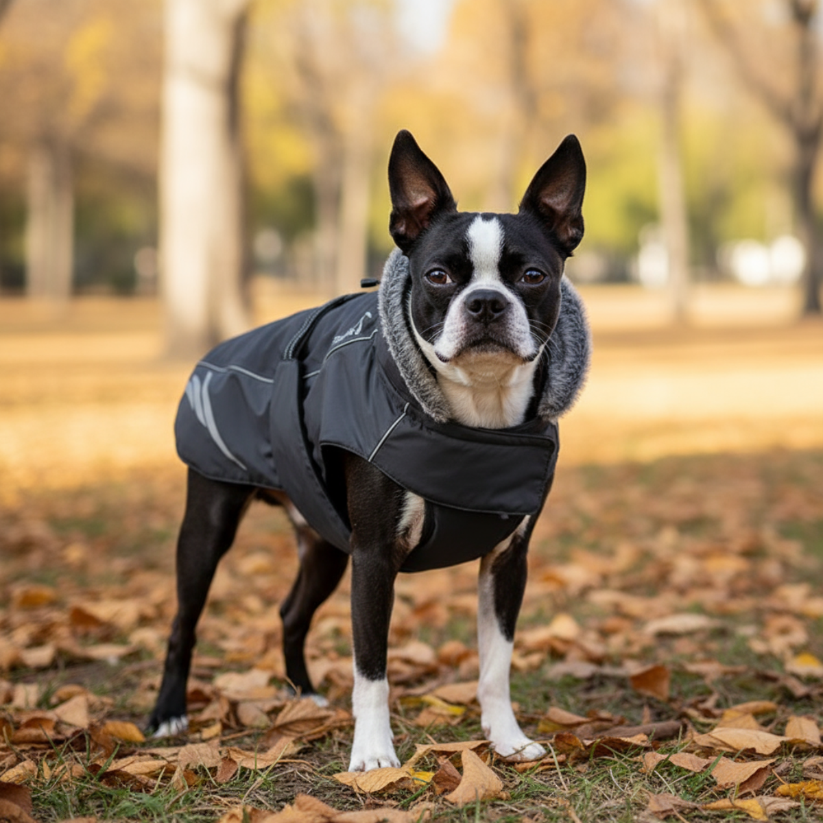 Dog wearing a black coat standing on a leaf-covered ground in a park.