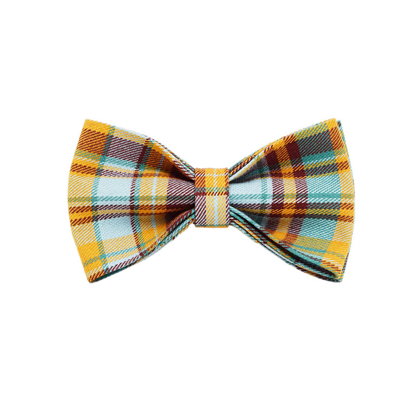 Yellow Blue Red Plaid Dog Collar With Bow Tie And Leash